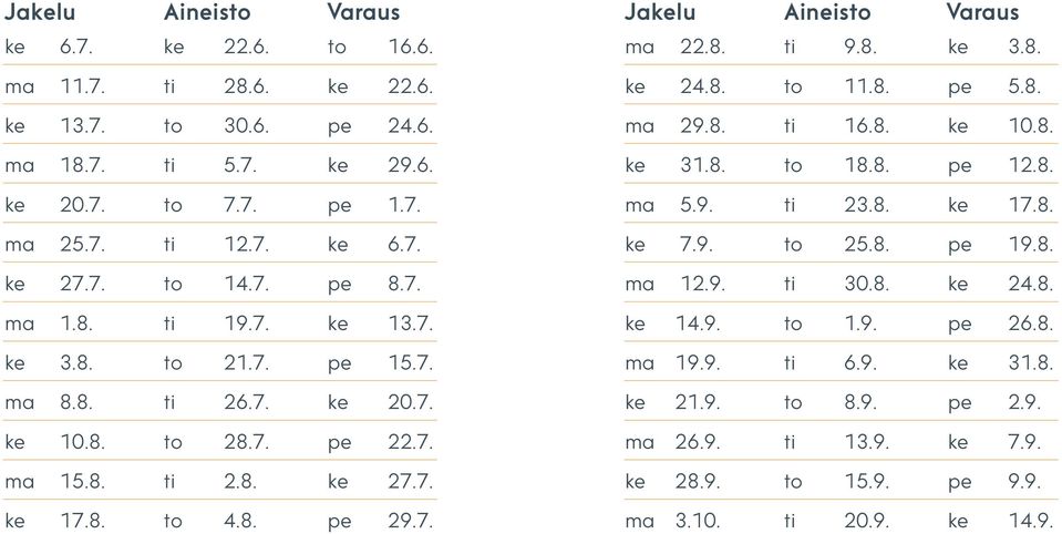 8. ti 2.8. ke 27.7. ke 17.8. to 4.8. pe 29.7. ke 24.8. to 11.8. pe 5.8. ma 29.8. ti 16.8. ke 10.8. ke 31.8. to 18.8. pe 12.8. ma 5.9. ti 23.8. ke 17.8. ke 7.9. to 25.8. pe 19.8. ma 12.