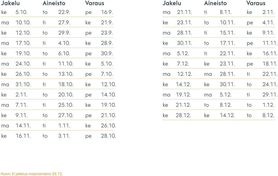 11. to 10.11. pe 4.11. ma 28.11. ti 15.11. ke 9.11. ke 30.11. to 17.11. pe 11.11. ma 5.12. ti 22.11. ke 16.11. ke 7.12. ke 23.11. pe 18.11. ma 12.12. ma 28.11. ti 22.11. ke 14.12. ke 30.11. to 24.