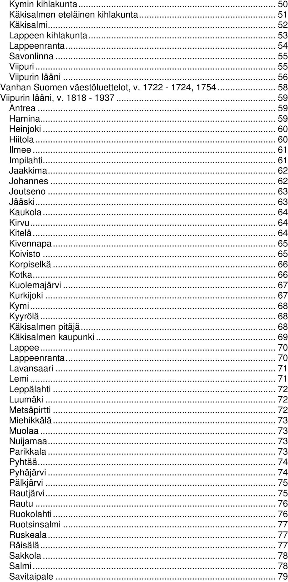 .. 62 Johannes... 62 Joutseno... 63 Jääski... 63 Kaukola... 64 Kirvu... 64 Kitelä... 64 Kivennapa... 65 Koivisto... 65 Korpiselkä... 66 Kotka... 66 Kuolemajärvi... 67 Kurkijoki... 67 Kymi... 68 Kyyrölä.