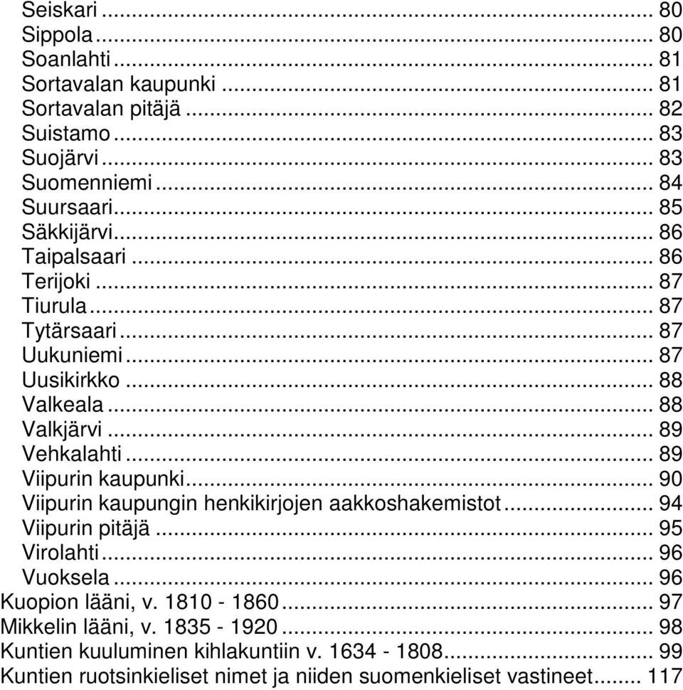 .. 89 Viipurin kaupunki... 90 Viipurin kaupungin henkikirjojen aakkoshakemistot... 94 Viipurin pitäjä... 95 Virolahti... 96 Vuoksela... 96 Kuopion lääni, v.