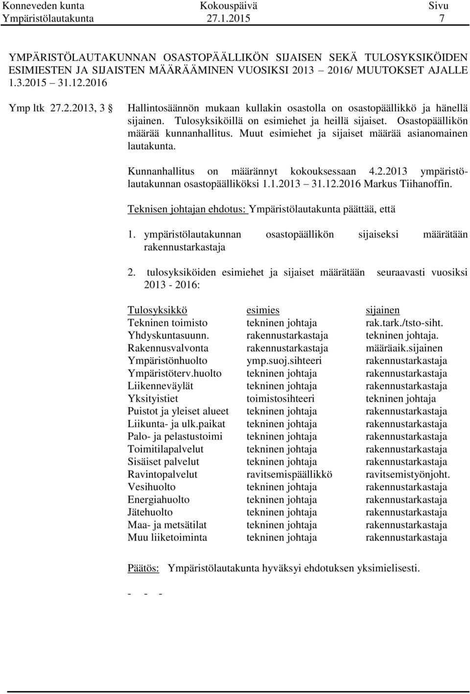 Muut esimiehet ja sijaiset määrää asianomainen lautakunta. Kunnanhallitus on määrännyt kokouksessaan 4.2.2013 ympäristölautakunnan osastopäälliköksi 1.1.2013 31.12.2016 Markus Tiihanoffin.