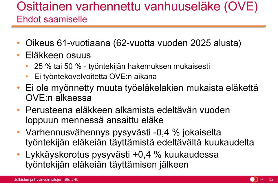 Perusteena eläkkeen alkamista edeltävän vuoden loppuun mennessä ansaittu eläke Varhennusvähennys pysyvästi -0,4 % jokaiselta työntekijän eläkeiän