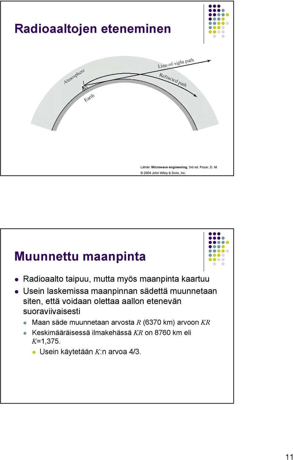 muunnetaan siten, että voidaan olettaa aallon etenevän suoraviivaisesti Maan säde muunnetaan arvosta R