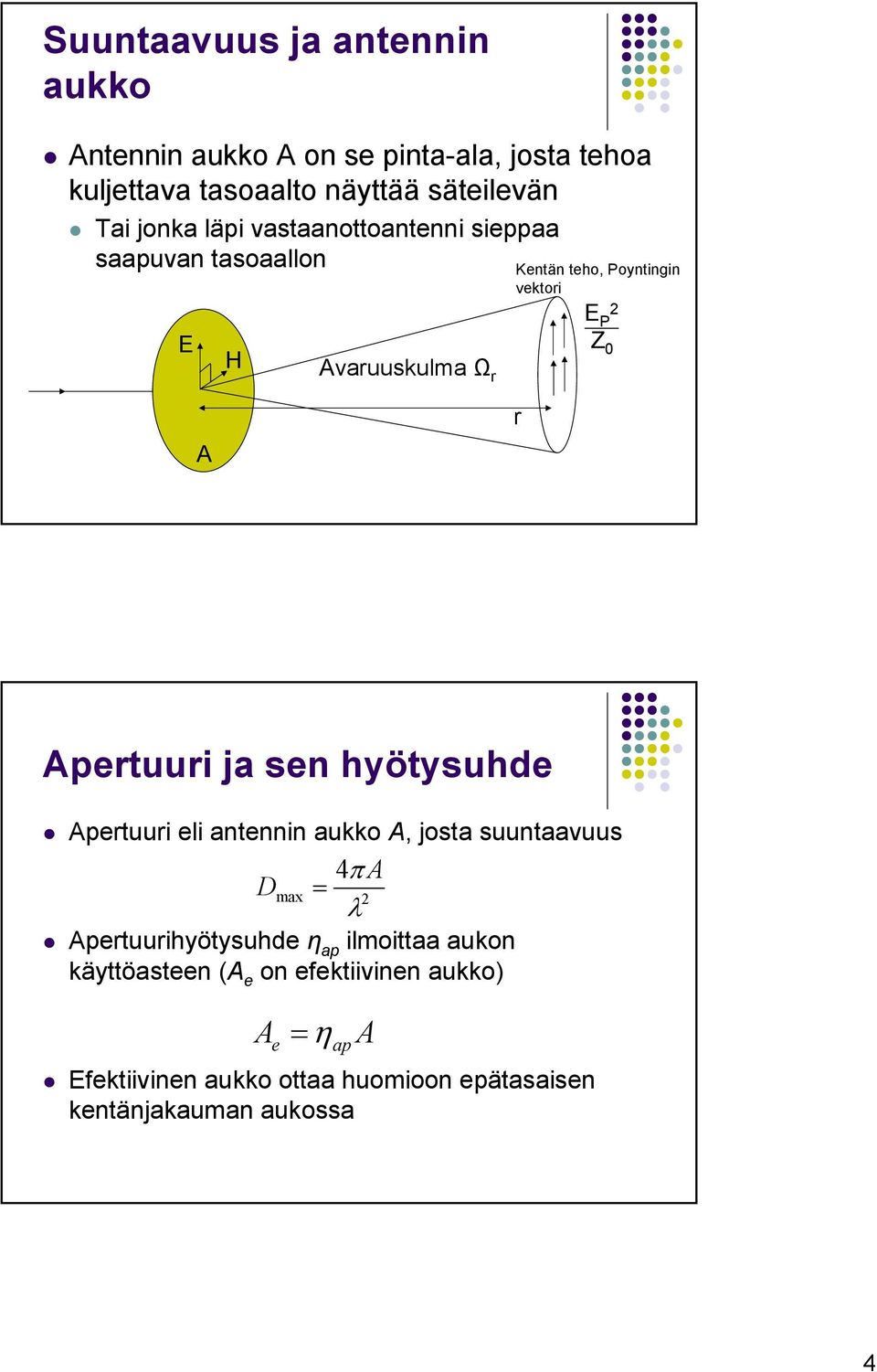 Apertuuri ja sen hyötysuhde Apertuuri eli antennin aukko A, josta suuntaavuus 4πA D max = 2 λ Apertuurihyötysuhde η ap