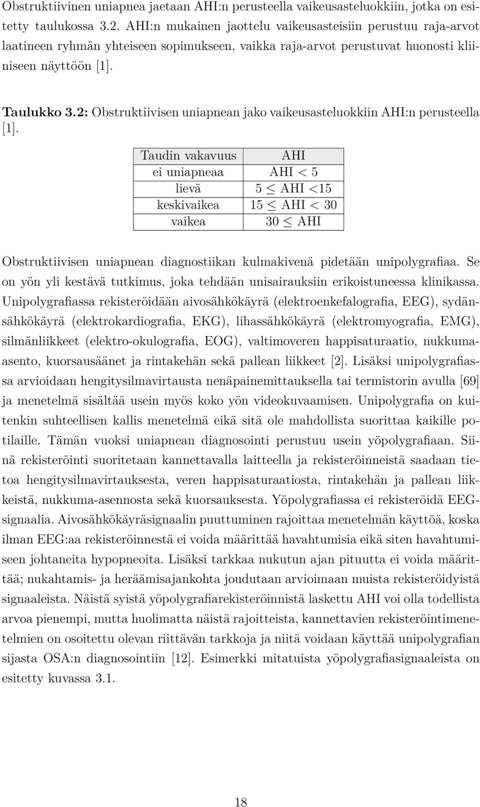 2: Obstruktiivisen uniapnean jako vaikeusasteluokkiin AHI:n perusteella [1].