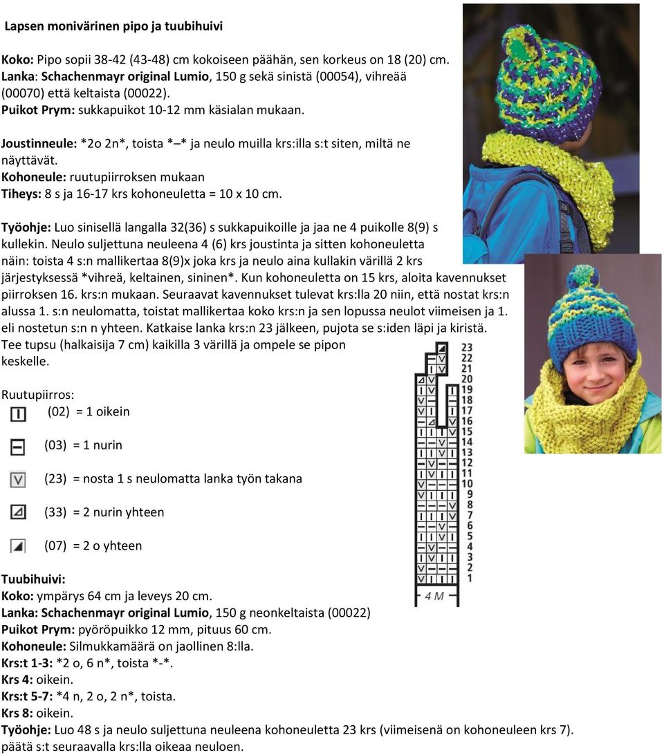 Joustinneule: *2o 2n*, toista * * ja neulo muilla krs:illa s:t siten, miltä ne näyttävät. Kohoneule: ruutupiirroksen mukaan Tiheys: 8 s ja 16-17 krs kohoneuletta = 10 x 10 cm.