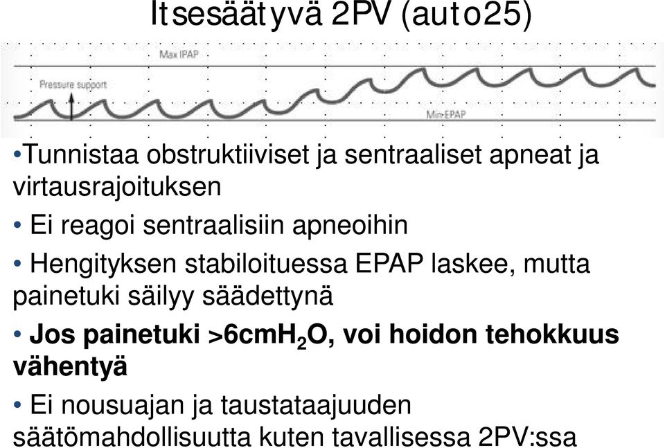 laskee, mutta painetuki säilyy säädettynä Jos painetuki >6cmH 2 O, voi hoidon