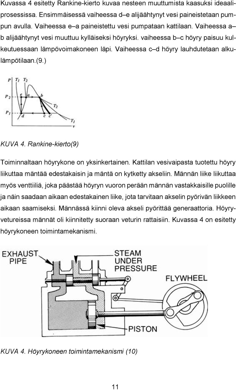 Vaiheessa c d höyry lauhdutetaan alkulämpötilaan.(9.) KUVA 4. Rankine-kierto(9) Toiminnaltaan höyrykone on yksinkertainen.