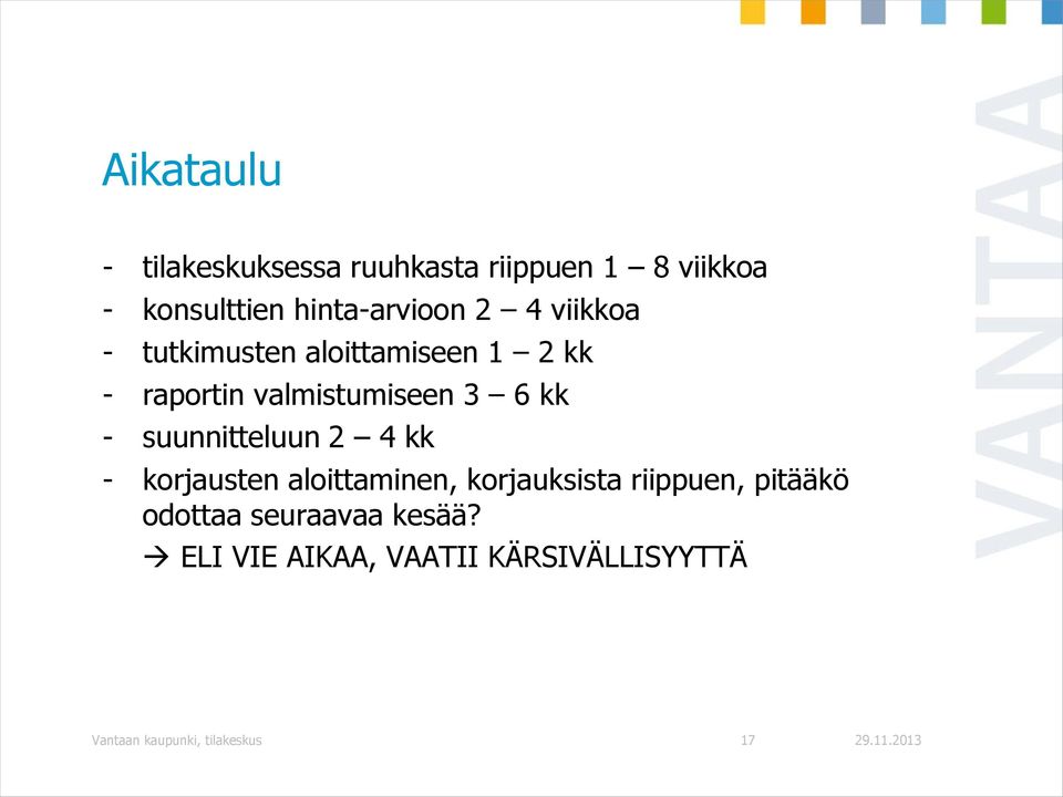 suunnitteluun 2 4 kk - korjausten aloittaminen, korjauksista riippuen, pitääkö odottaa