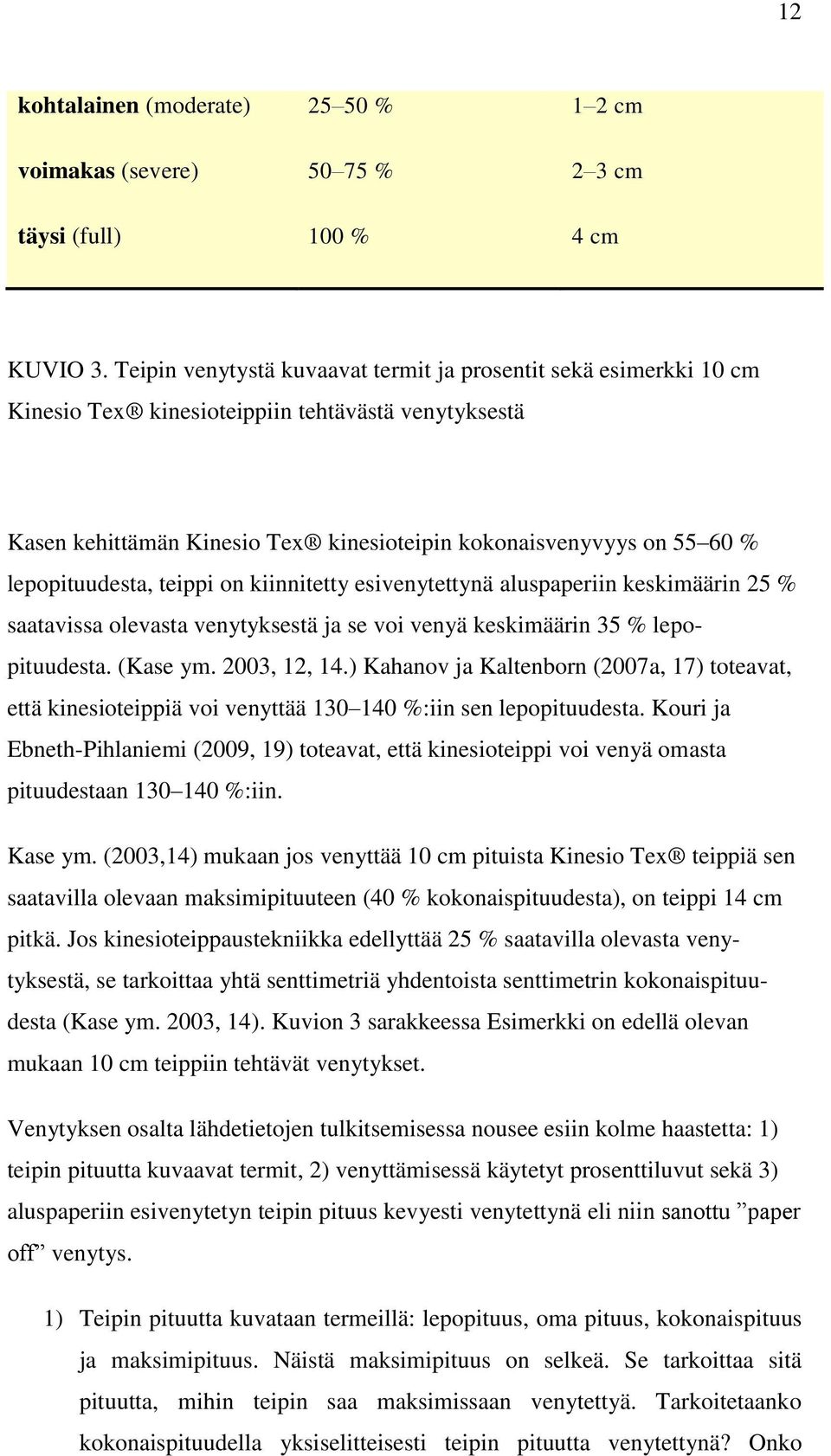 lepopituudesta, teippi on kiinnitetty esivenytettynä aluspaperiin keskimäärin 25 % saatavissa olevasta venytyksestä ja se voi venyä keskimäärin 35 % lepopituudesta. (Kase ym. 2003, 12, 14.