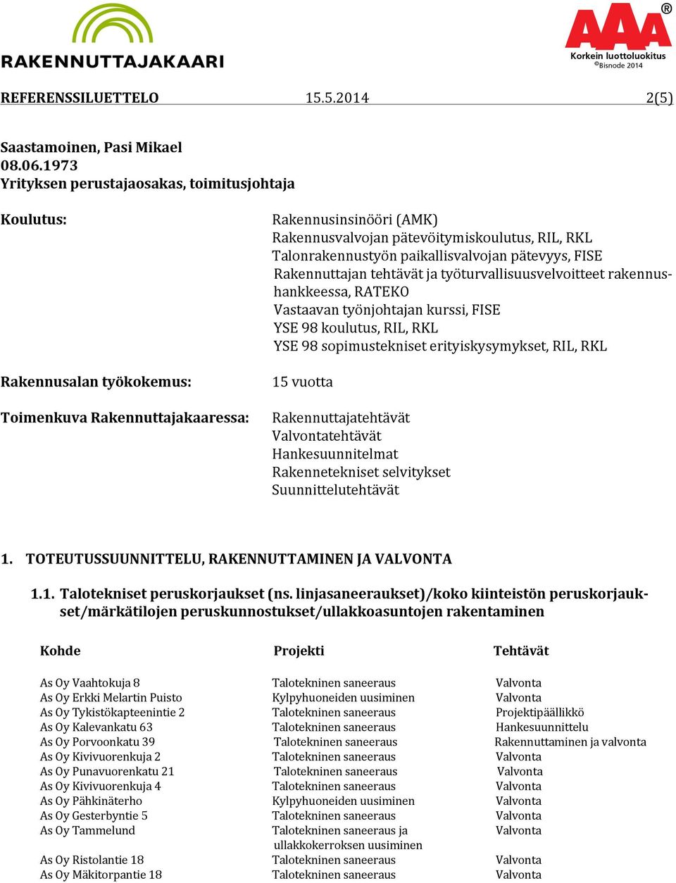 Talonrakennustyön paikallisvalvojan pätevyys, FISE Rakennuttajan tehtävät ja työturvallisuusvelvoitteet rakennus- hankkeessa, RATEKO Vastaavan työnjohtajan kurssi, FISE YSE 98 koulutus, RIL, RKL YSE