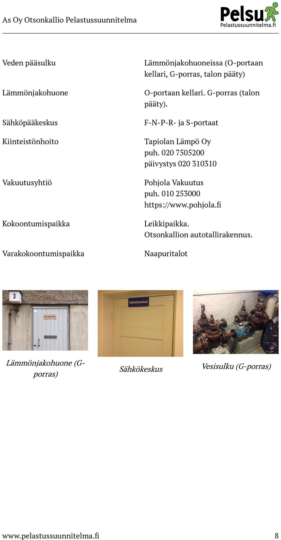 020 7505200 päivystys 020 310310 Vakuutusyhtiö Pohjola Vakuutus puh. 010 253000 https://www.pohjola.fi Kokoontumispaikka Leikkipaikka.