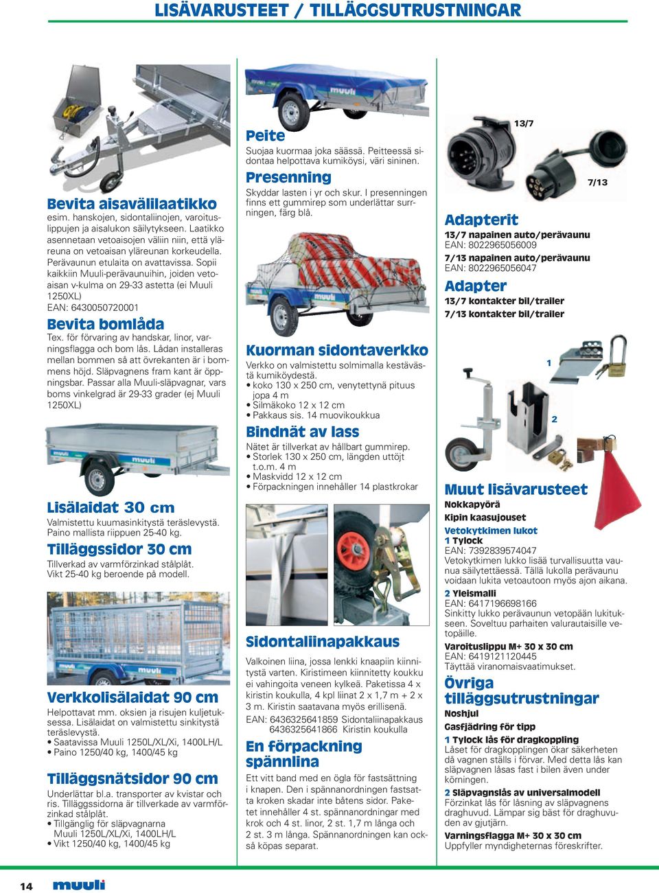 Sopii kaikkiin Muuli-perävaunuihin, joiden vetoaisan v-kulma on 29-33 astetta (ei Muuli 1250XL) EAN: 6430050720001 Bevita bomlåda Tex. för förvaring av handskar, linor, varningsflagga och bom lås.