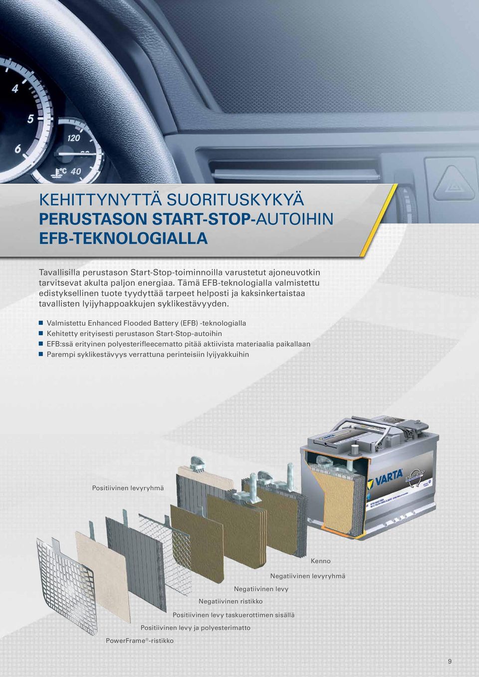 Valmistettu Enhanced Flooded Battery (EFB) -teknologialla Kehitetty erityisesti perustason Start-Stop-autoihin EFB:ssä erityinen polyesterifleecematto pitää aktiivista materiaalia paikallaan