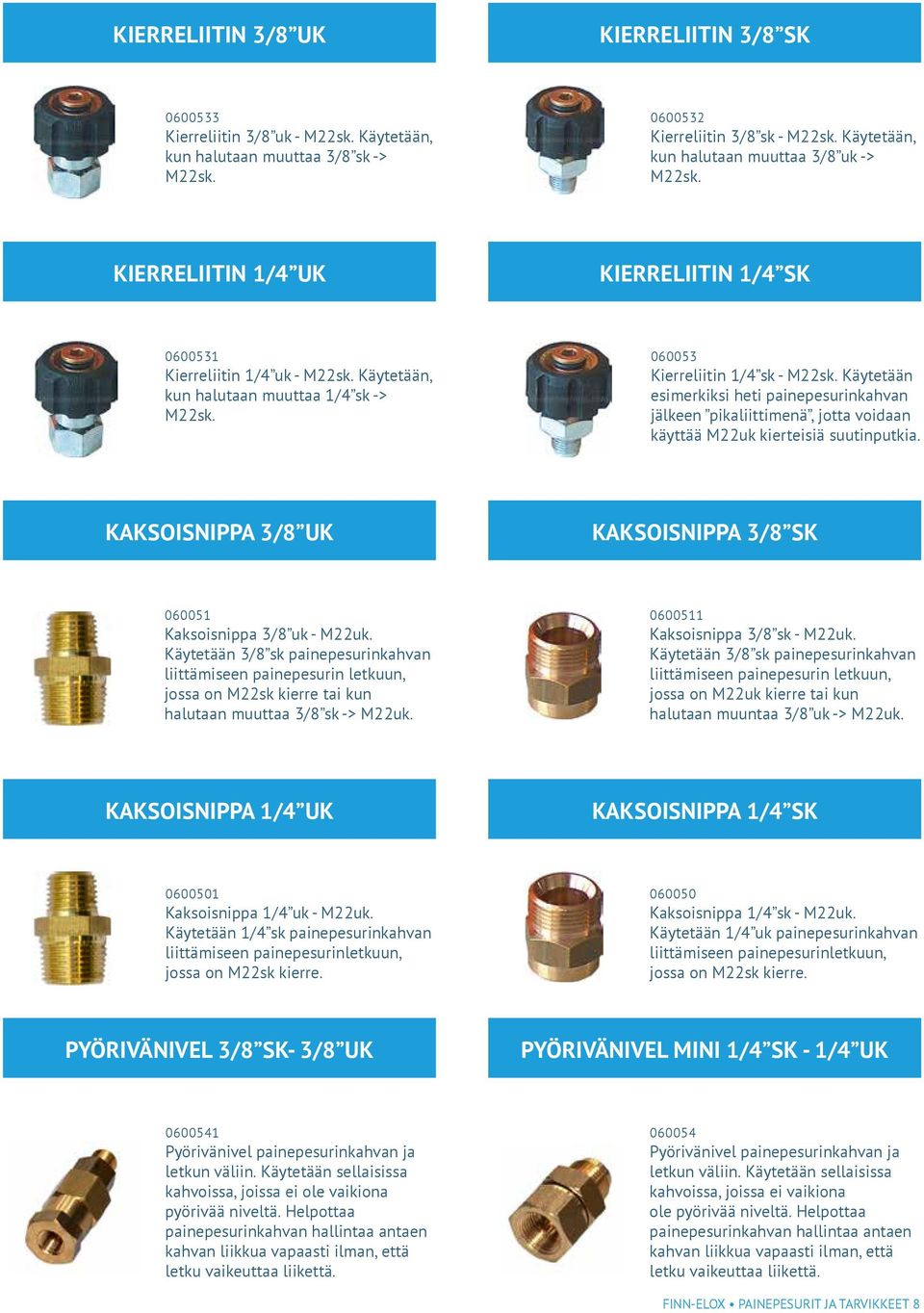 060053 Kierreliitin 1/4 sk - M22sk. Käytetään esimerkiksi heti painepesurinkahvan jälkeen pikaliittimenä, jotta voidaan käyttää M22uk kierteisiä suutinputkia.