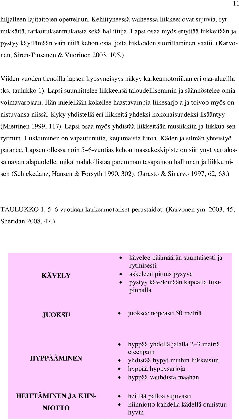 ) Viiden vuoden tienoilla lapsen kypsyneisyys näkyy karkeamotoriikan eri osa-alueilla (ks. taulukko 1). Lapsi suunnittelee liikkeensä taloudellisemmin ja säännöstelee omia voimavarojaan.