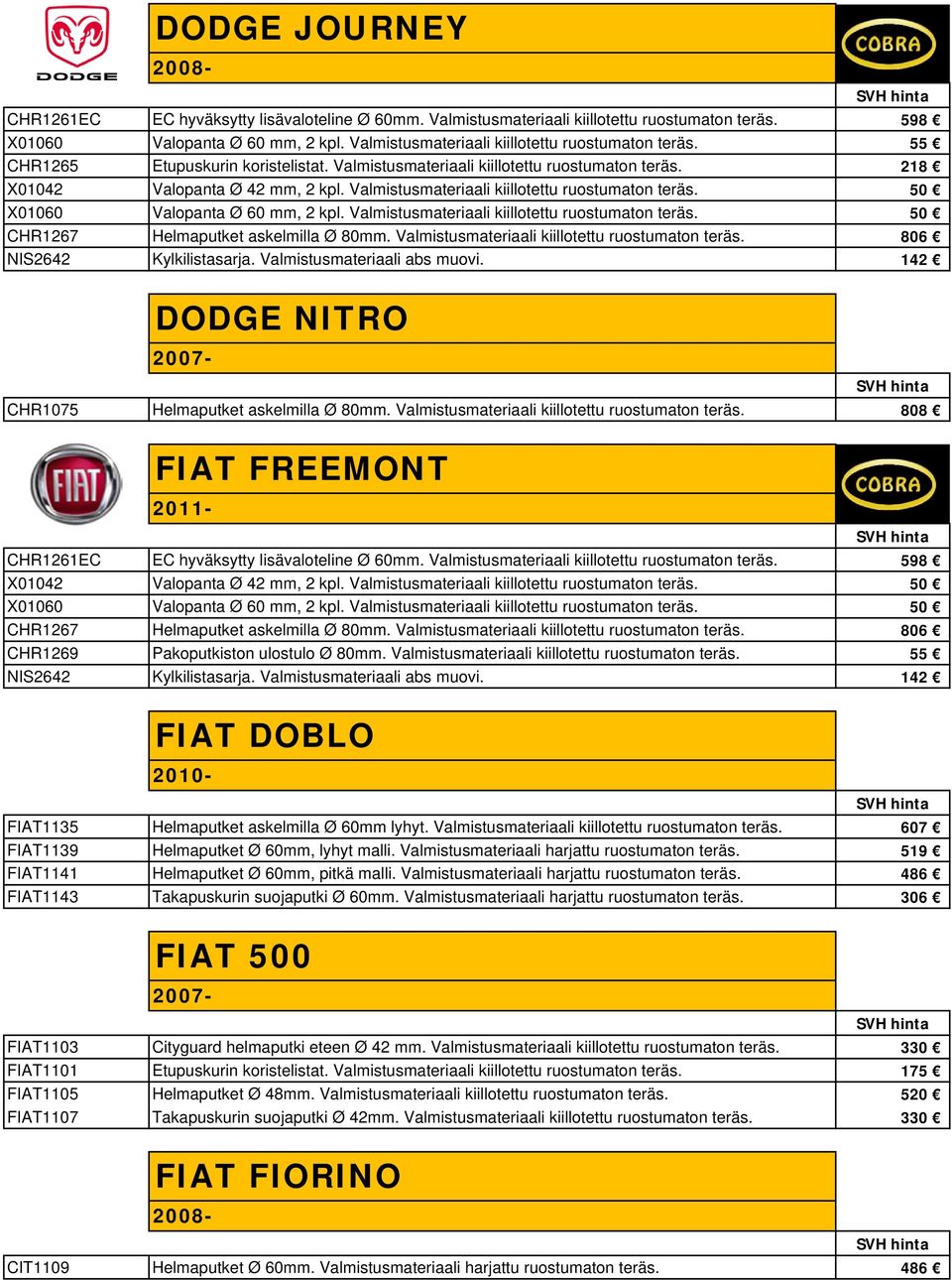 Valmistusmateriaali kiillotettu 808 FIAT FREEMONT CHR1261EC EC hyväksytty lisävaloteline Ø 60mm. Valmistusmateriaali kiillotettu 598 CHR1267 Helmaputket askelmilla Ø 80mm.