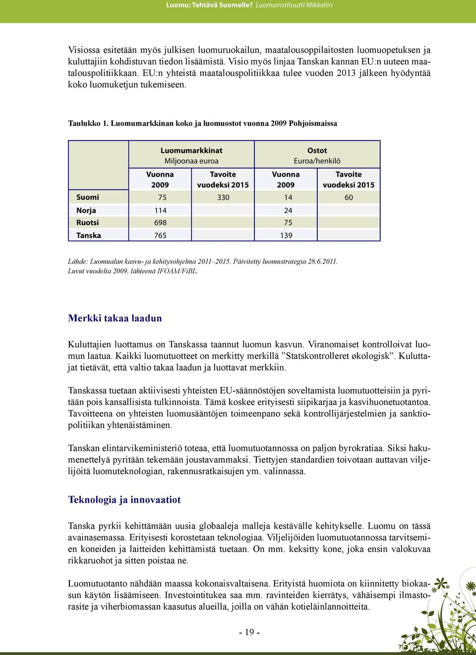 Luomumarkkinan koko ja luomuostot vuonna 2009 Pohjoismaissa Vuonna 2009 Luomumarkkinat Miljoonaa euroa Tavoite vuodeksi 2015 Vuonna 2009 Ostot Euroa/henkilö Tavoite vuodeksi 2015 Suomi 75 330 14 60