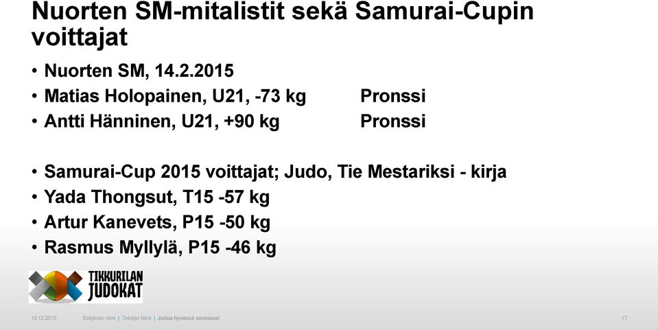 Samurai-Cup 2015 voittajat; Judo, Tie Mestariksi - kirja Yada Thongsut, T15-57 kg