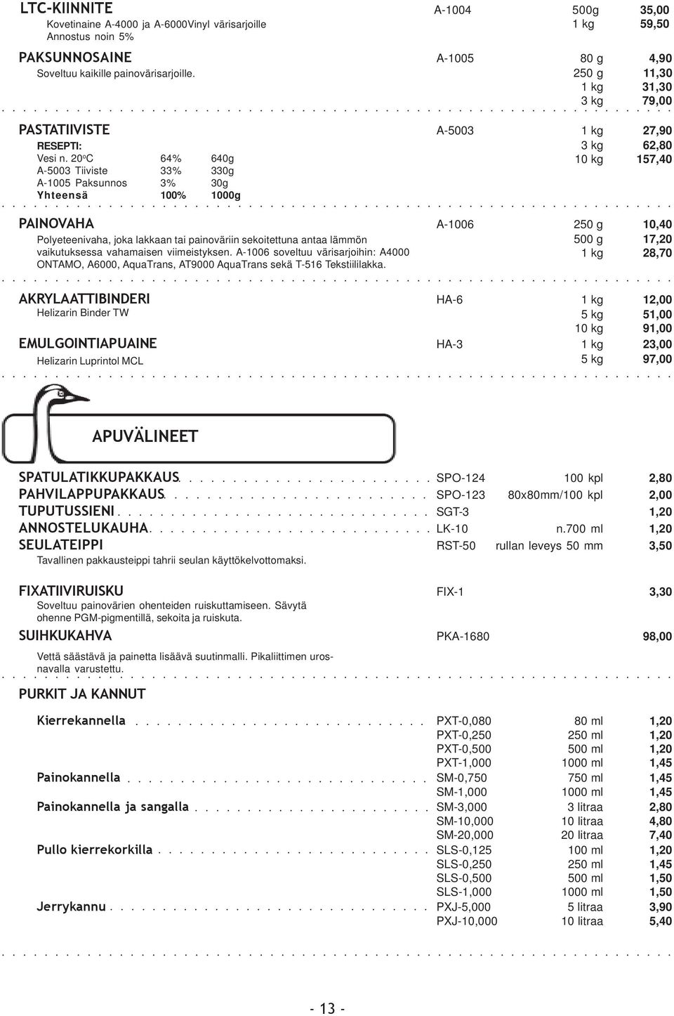 20 o C 64% 640g 10 kg 157,40 A-5003 Tiiviste 33% 330g A-1005 Paksunnos 3% 30g Yhteensä 100% 1000g PAINOVAHA A-1006 250 g 10,40 Polyeteenivaha, joka lakkaan tai painoväriin sekoitettuna antaa lämmön