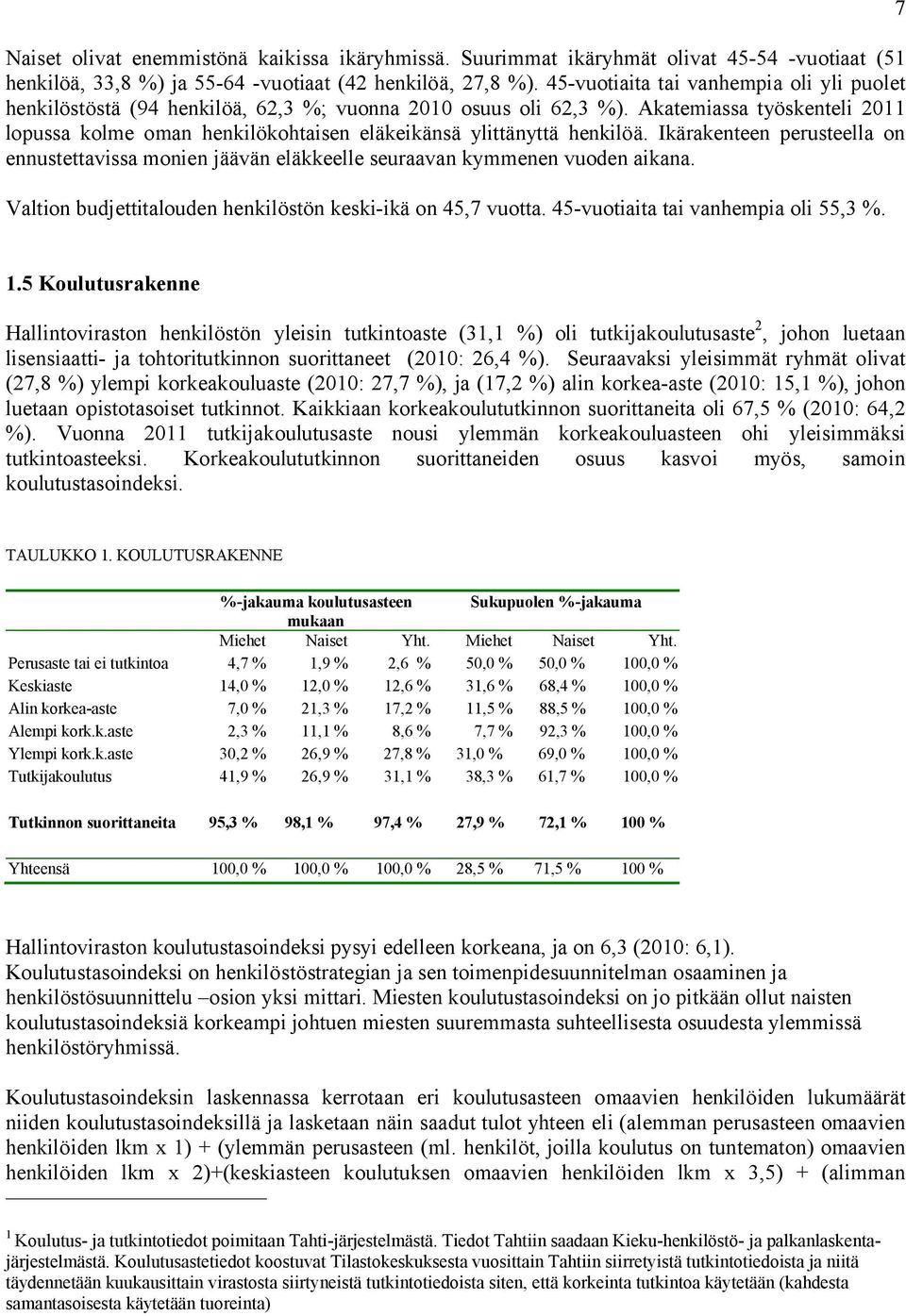 Akatemiassa työskenteli 2011 lopussa kolme oman henkilökohtaisen eläkeikänsä ylittänyttä henkilöä.