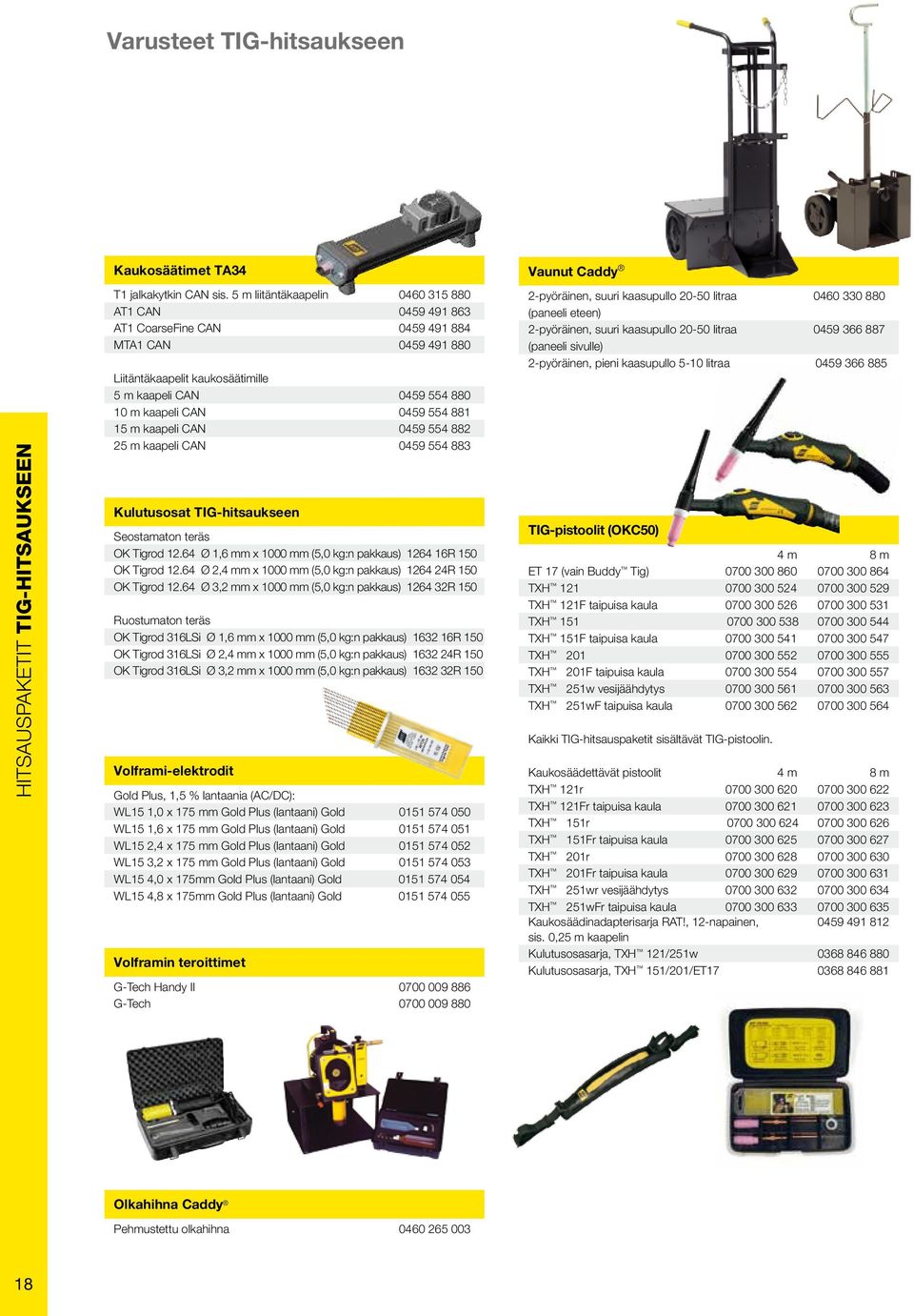 881 15 m kaapeli CAN 0459 554 882 25 m kaapeli CAN 0459 554 883 Kulutusosat TIG-hitsaukseen Seostamaton teräs OK Tigrod 12.64 Ø 1,6 mm x 1000 mm (5,0 kg:n pakkaus) 1264 16R 150 OK Tigrod 12.