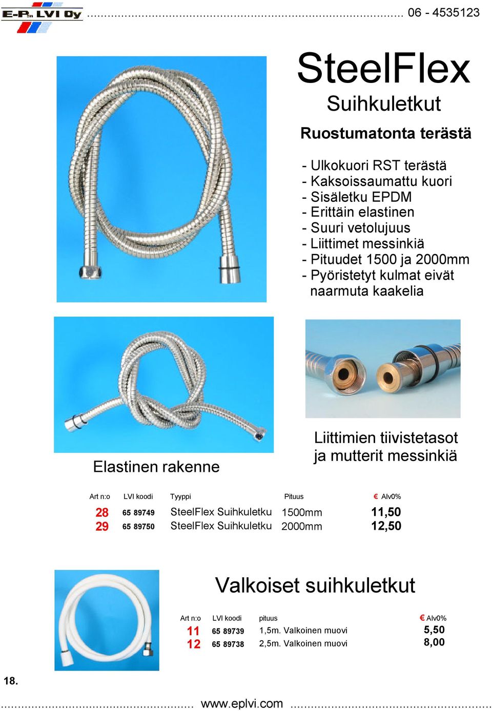 tiivistetasot ja mutterit messinkiä Art n:o LVI koodi Tyyppi Pituus Alv0% 28 29 65 89749 65 89750 SteelFlex Suihkuletku SteelFlex Suihkuletku