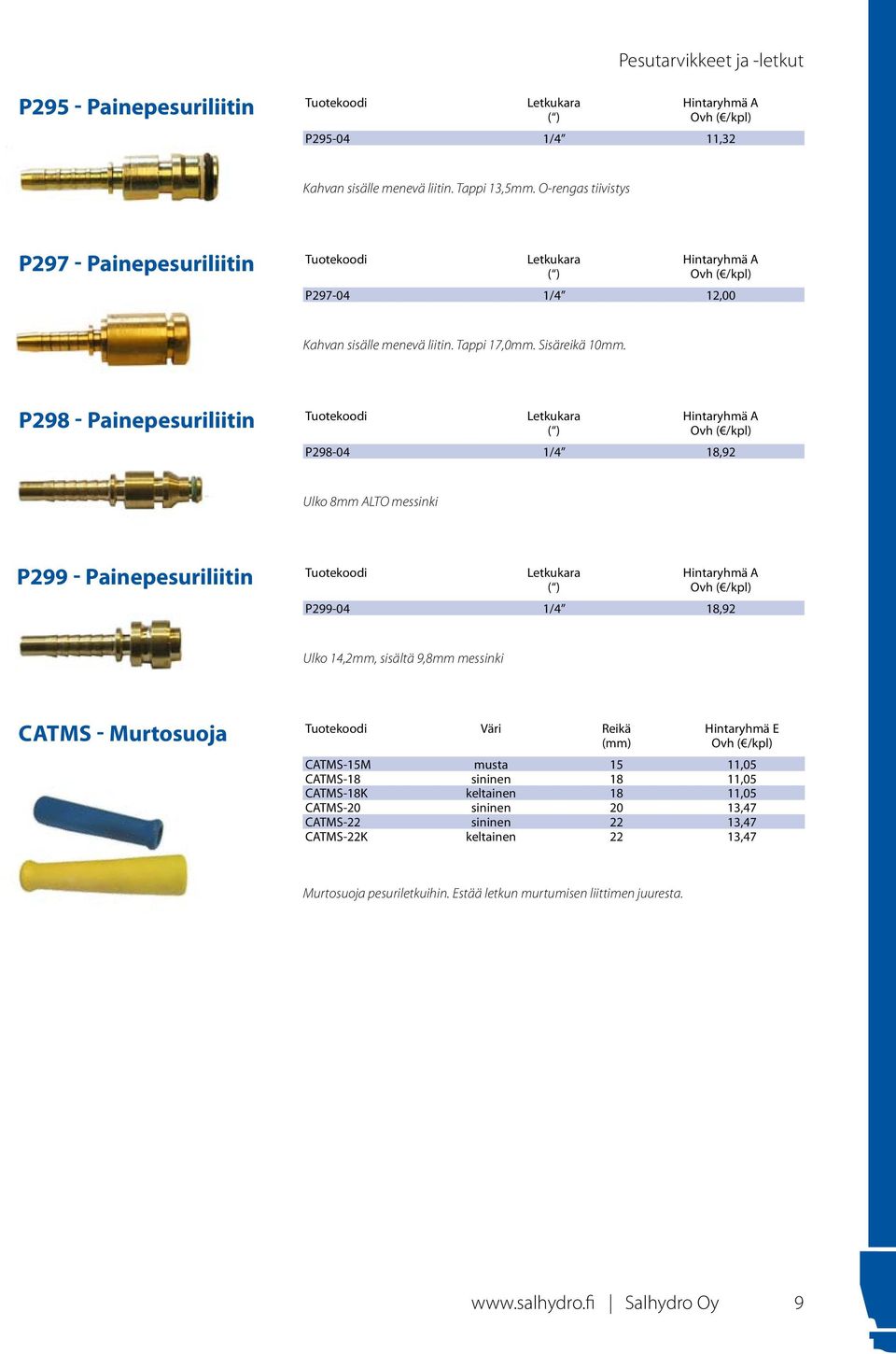 P298 - Painepesuriliitin Letkukara ( ) Hintaryhmä A P298-04 1/4 18,92 Ulko 8mm ALTO messinki P299 - Painepesuriliitin Letkukara ( ) Hintaryhmä A P299-04 1/4 18,92 Ulko 14,2mm, sisältä 9,8mm