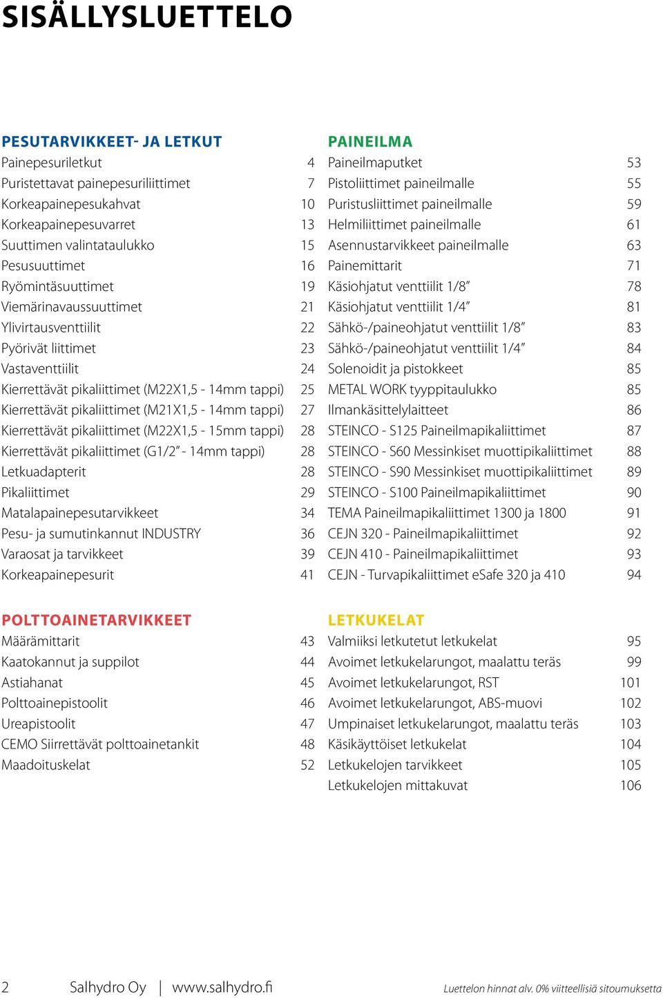 (M21X1,5-14mm tappi) 27 Kierrettävät pikaliittimet (M22X1,5-15mm tappi) 28 Kierrettävät pikaliittimet (G1/2-14mm tappi) 28 Letkuadapterit 28 Pikaliittimet 29 Matalapainepesutarvikkeet 34 Pesu- ja