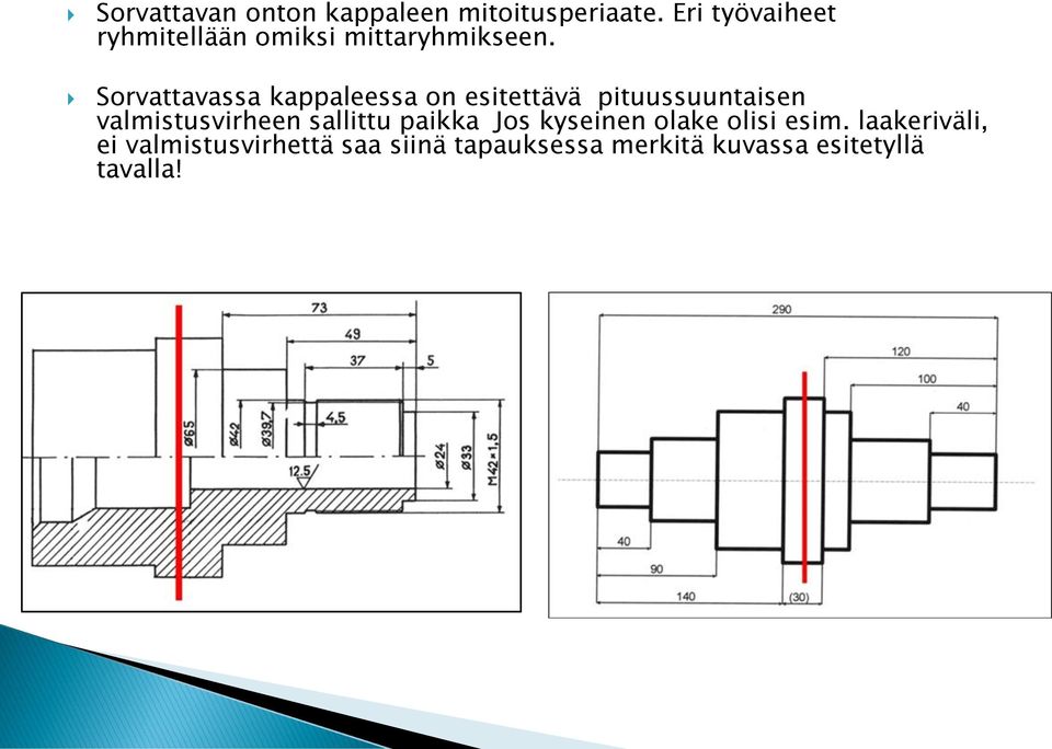 Sorvattavassa kappaleessa on esitettävä pituussuuntaisen valmistusvirheen