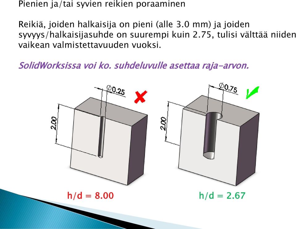 0 mm) ja joiden syvyys/halkaisijasuhde on suurempi kuin 2.