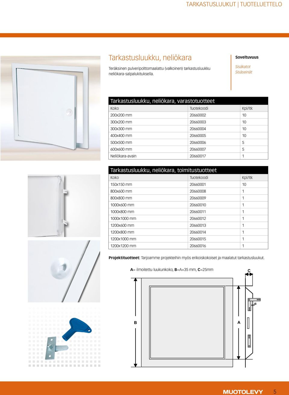 600x600 mm 20660007 5 Neliökara-avain 20660017 1 Tarkastusluukku, neliökara, toimitustuotteet Koko Tuotekoodi Kpl/ltk 150x150 mm 20660001 10 800x600 mm 20660008 1 800x800 mm 20660009 1 1000x600 mm