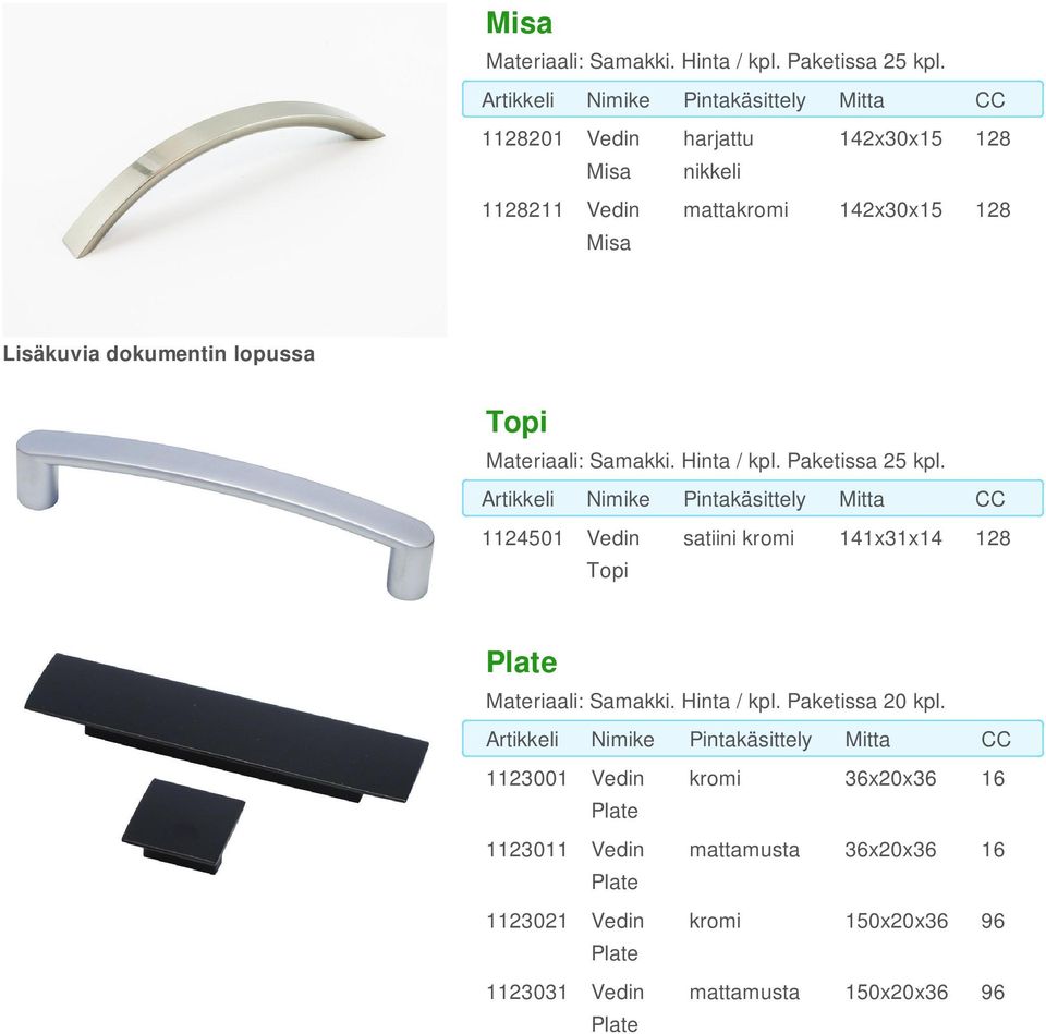 Topi Materiaali: Samakki. Hinta / kpl. Paketissa 25 kpl.