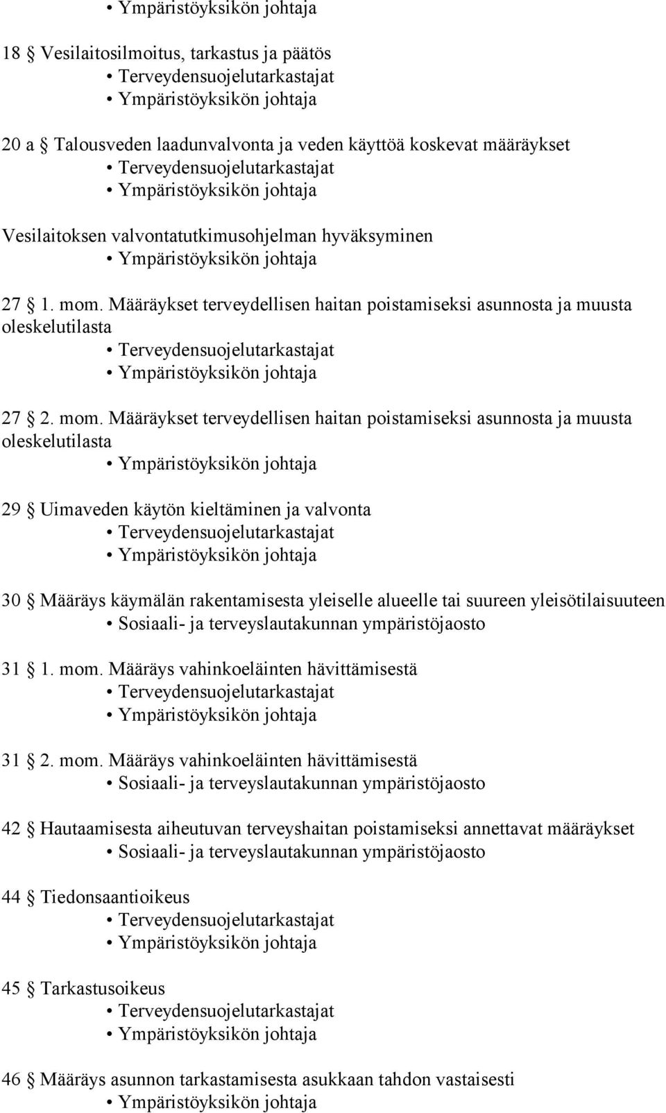 Määräykset terveydellisen haitan poistamiseksi asunnosta ja muusta oleskelutilasta 29 Uimaveden käytön kieltäminen ja valvonta 30 Määräys käymälän rakentamisesta yleiselle alueelle tai