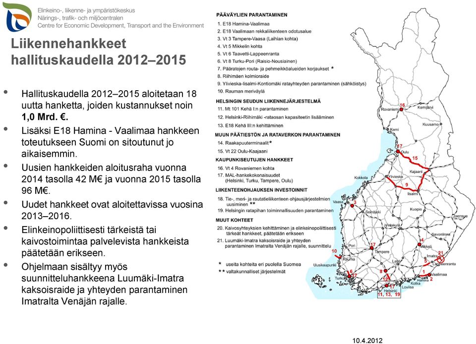 Uusien hankkeiden aloitusraha vuonna 2014 tasolla 42 M ja vuonna 2015 tasolla 96 M. Uudet hankkeet ovat aloitettavissa vuosina 2013 2016.