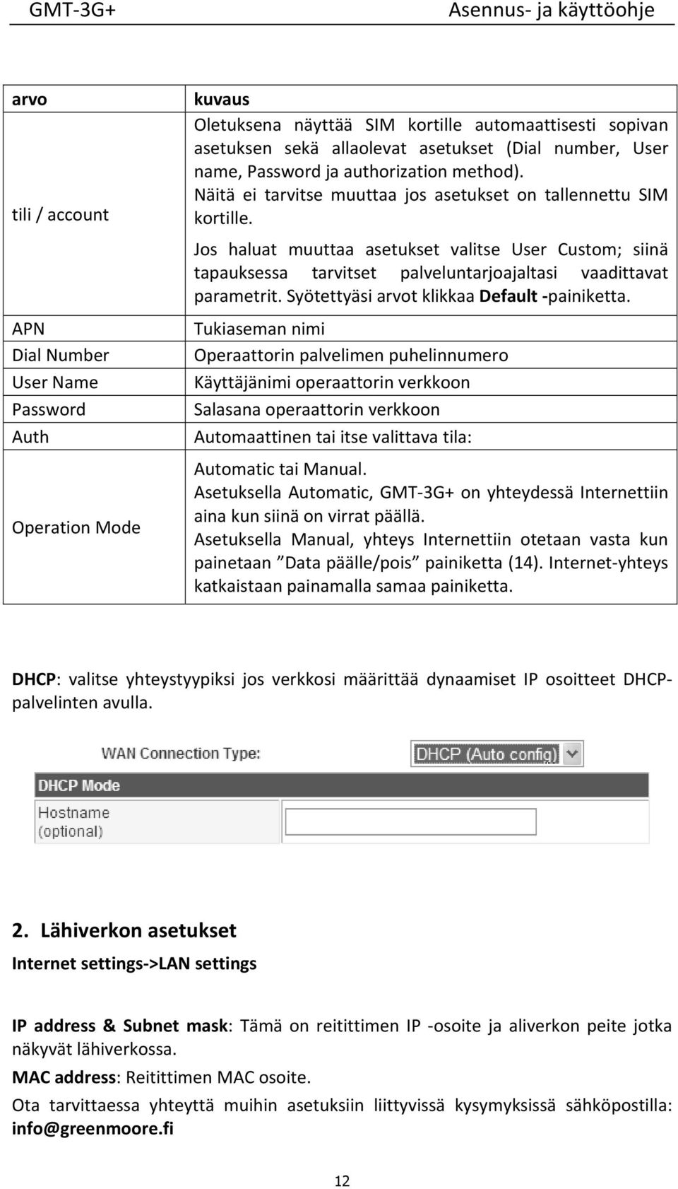 Jos haluat muuttaa asetukset valitse User Custom; siinä tapauksessa tarvitset palveluntarjoajaltasi vaadittavat parametrit. Syötettyäsi arvot klikkaa Default painiketta.