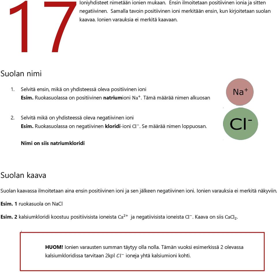 Selvitä mikä on yhdisteessä oleva negatiivinen ioni Esim. Ruokasuolassa on negatiivinen kloridi-ioni Cl. Se määrää nimen loppuosan.