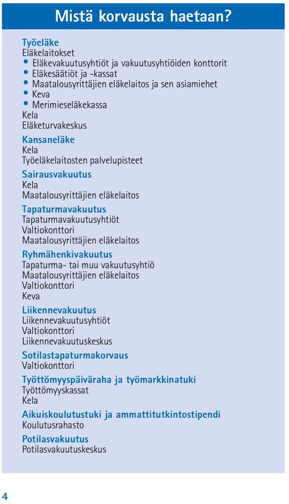 Kansaneläke Kela Työeläkelaitosten palvelupisteet Sairausvakuutus Kela Maatalousyrittäjien eläkelaitos Tapaturmavakuutus Tapaturmavakuutusyhtiöt Valtiokonttori Maatalousyrittäjien eläkelaitos