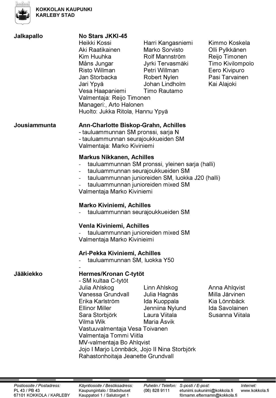 Timonen Manageri:, Arto Halonen Huolto: Jukka Ritola, Hannu Ypyä Ann-Charlotte Biskop-Grahn, Achilles - tauluammunnan SM pronssi, sarja N - tauluammunnan seurajoukkueiden SM Valmentaja: Marko