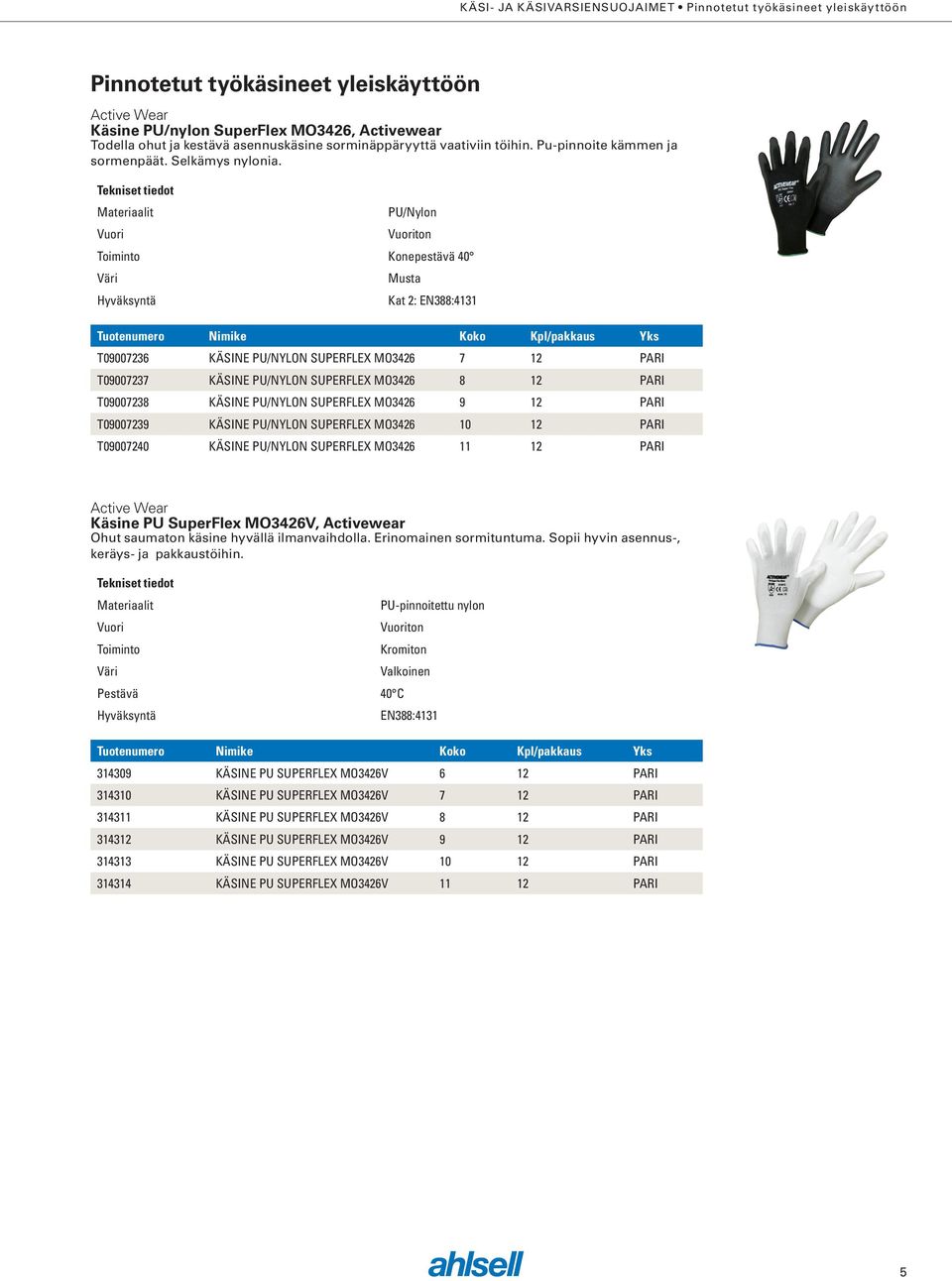 PU/Nylon ton Konepestävä 40 Musta Kat 2: EN388:4131 T09007236 KÄSINE PU/NYLON SUPERFLEX MO3426 7 12 PARI T09007237 KÄSINE PU/NYLON SUPERFLEX MO3426 8 12 PARI T09007238 KÄSINE PU/NYLON SUPERFLEX