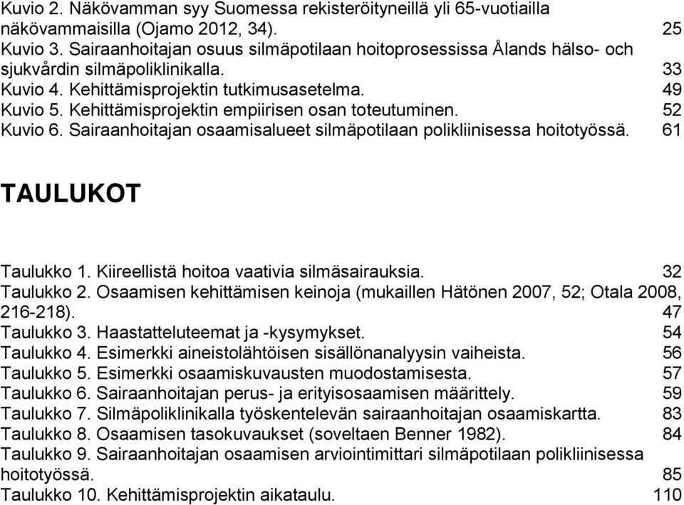 Kehittämisprojektin empiirisen osan toteutuminen. 52 Kuvio 6. Sairaanhoitajan osaamisalueet silmäpotilaan polikliinisessa hoitotyössä. 61 TAULUKOT Taulukko 1.