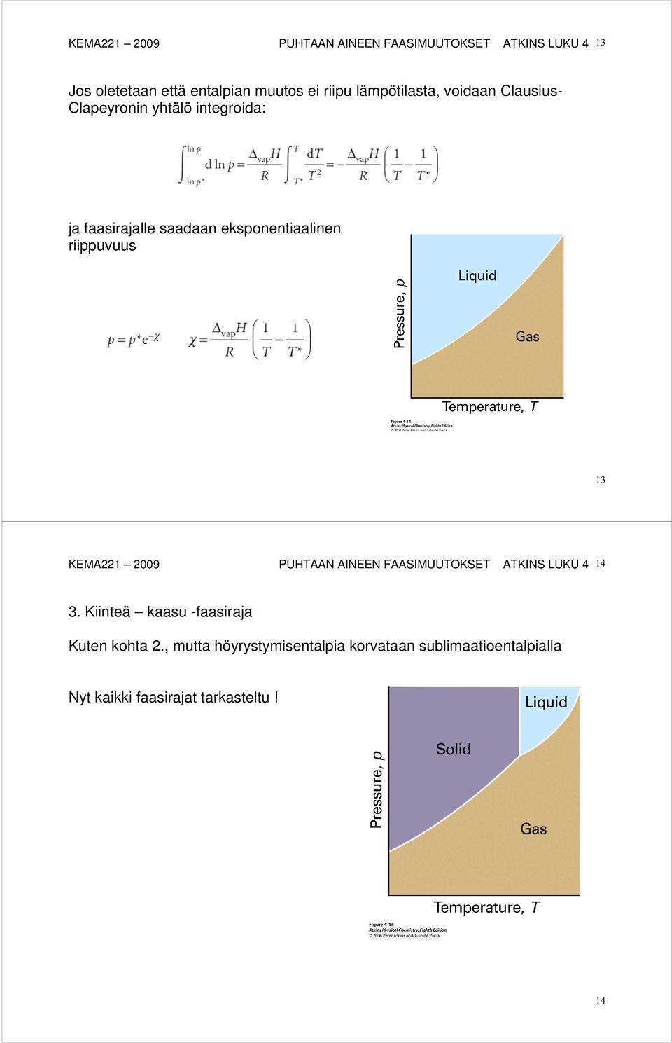 riippuvuus 13 KEMA221 2009 PUHTAAN AINEEN FAASIMUUTOKSET ATKINS LUKU 4 14 3.