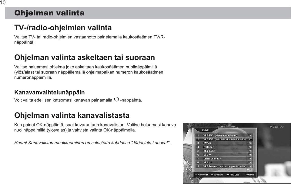 numeron kaukosäätimen numeronäppäimillä. Kanavanvaihtelunäppäin Voit valita edellisen katsomasi kanavan painamalla näppäintä.