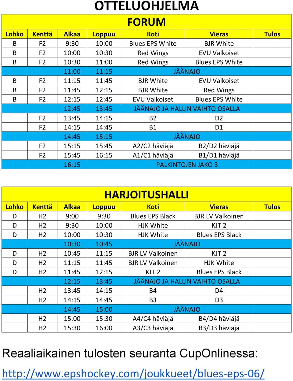 B2 D2 F2 14:15 14:45 B1 D1 14:45 15:15 JÄÄNAJO F2 15:15 15:45 A2/C2 häviäjä B2/D2 häviäjä F2 15:45 16:15 A1/C1 häviäjä B1/D1 häviäjä 16:15 PALKINTOJEN JAKO 3 HARJOITUSHALLI Lohko Kenttä Alkaa Loppuu