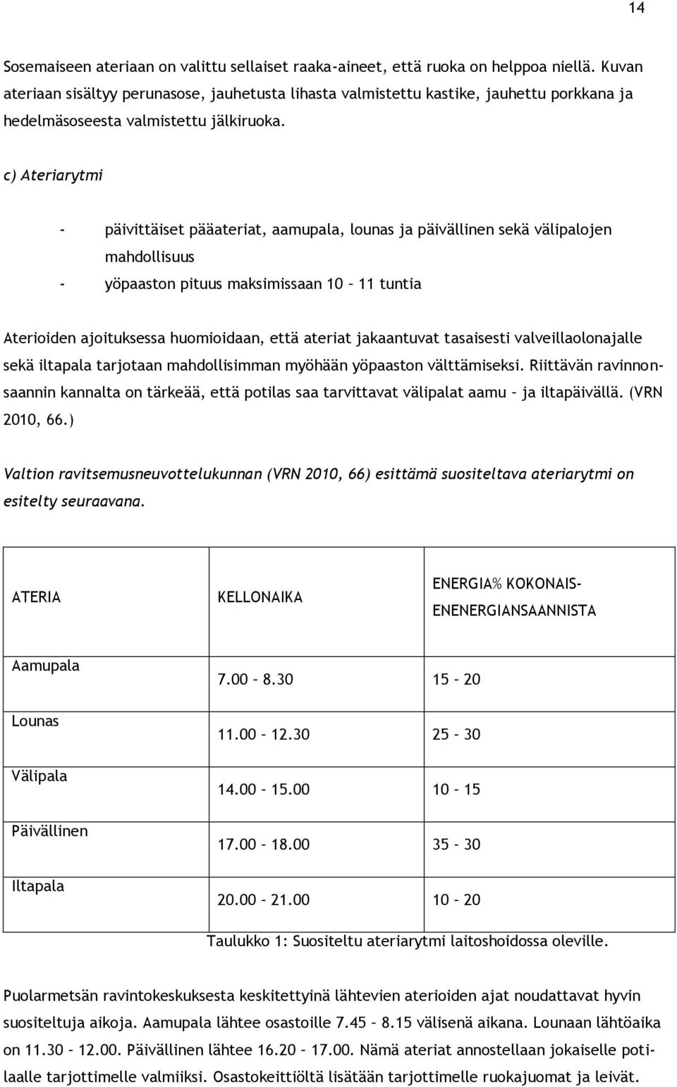 c) Ateriarytmi - päivittäiset pääateriat, aamupala, lounas ja päivällinen sekä välipalojen mahdollisuus - yöpaaston pituus maksimissaan 10 11 tuntia Aterioiden ajoituksessa huomioidaan, että ateriat