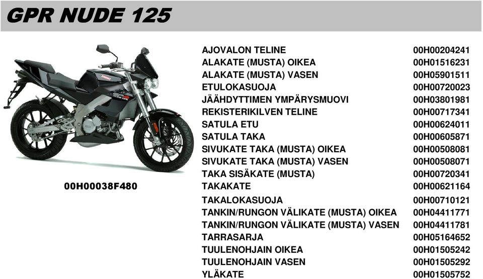 00H00508081 SIVUKATE TAKA (MUSTA) VASEN 00H00508071 TAKA SISÄKATE (MUSTA) 00H00720341 00H00038F480 TAKAKATE 00H00621164 TAKALOKASUOJA