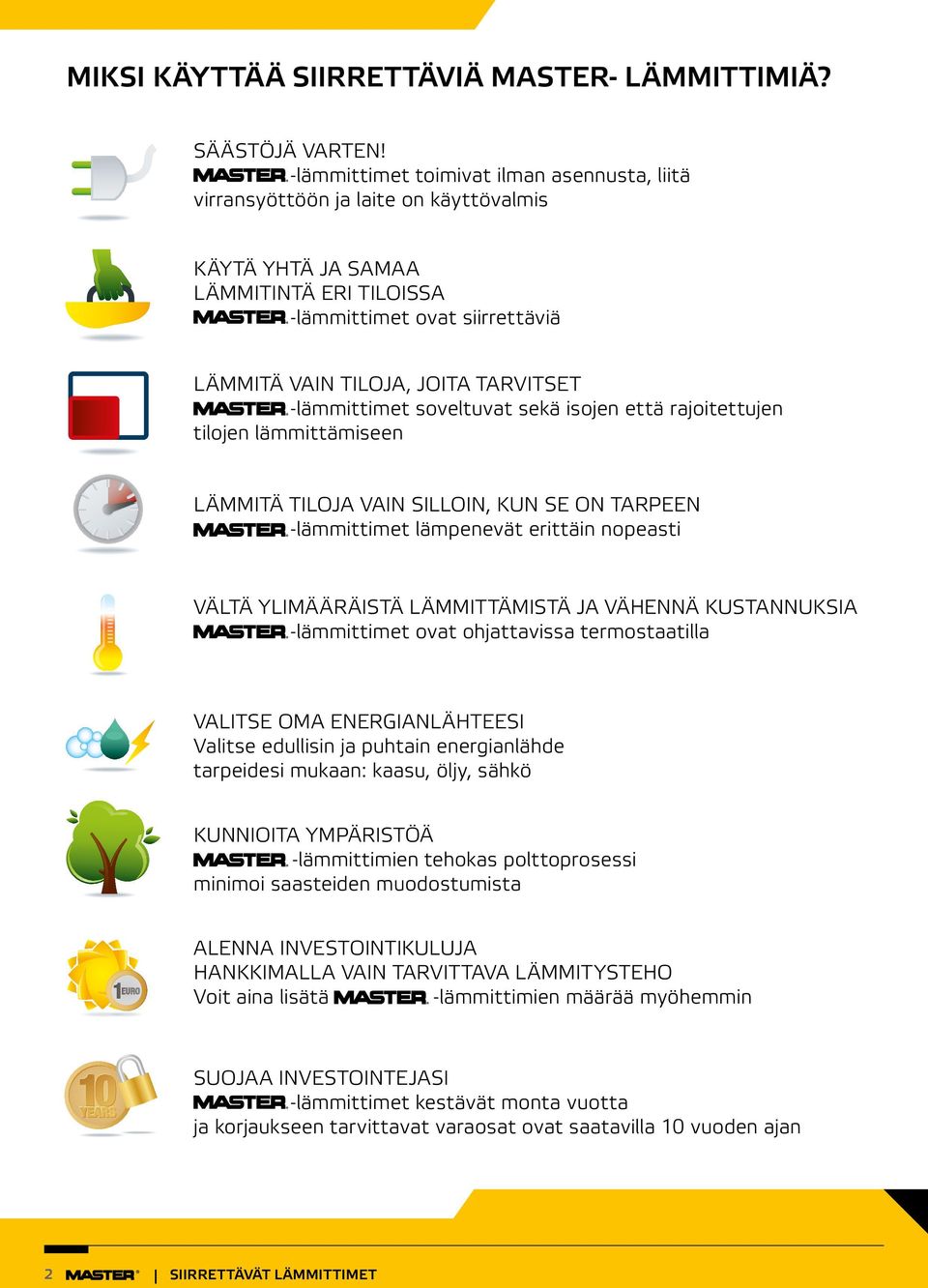 lämmittimet soveltuvat sekä isojen että rajoitettujen tilojen lämmittämiseen LÄMMITÄ TILOJA VAIN SILLOIN, KUN SE ON TARPEEN lämmittimet lämpenevät erittäin nopeasti VÄLTÄ YLIMÄÄRÄISTÄ LÄMMITTÄMISTÄ