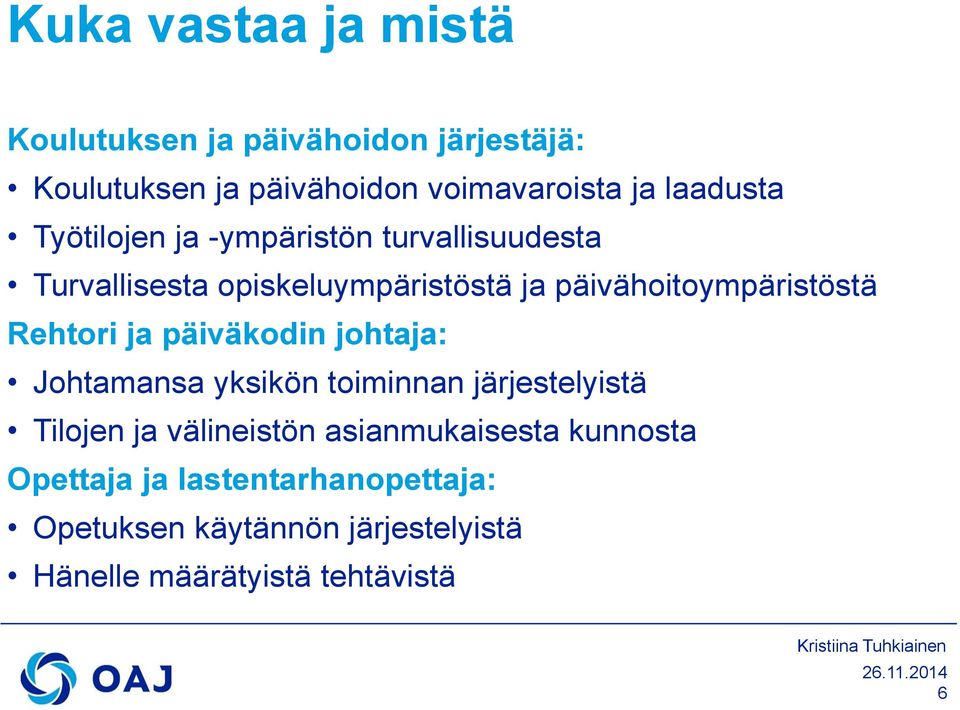 päivähoitoympäristöstä Rehtori ja päiväkodin johtaja: Johtamansa yksikön toiminnan järjestelyistä Tilojen ja