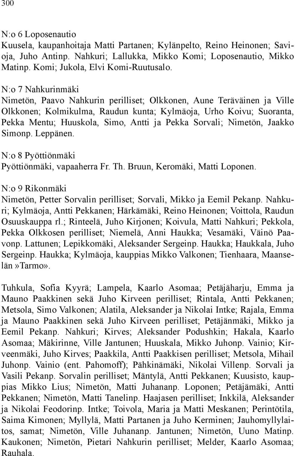 N:o 7 Nahkurinmäki Nimetön, Paavo Nahkurin perilliset; Olkkonen, Aune Teräväinen ja Ville Olkkonen; Kolmikulma, Raudun kunta; Kylmäoja, Urho Koivu; Suoranta, Pekka Mentu; Huuskola, Simo, Antti ja