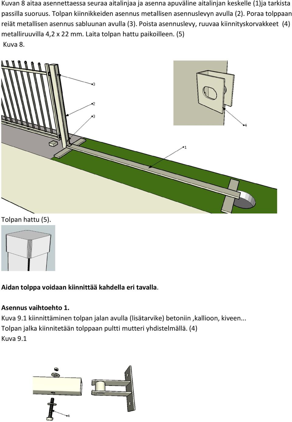 Poista asennuslevy, ruuvaa kiinnityskorvakkeet (4) metalliruuvilla 4,2 x 22 mm. Laita tolpan hattu paikoilleen. (5) Kuva 8. Tolpan hattu (5).